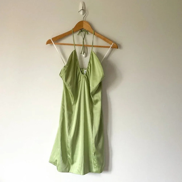 Aritzia Sunday  Best Satin Gidget Halter Dress in Sagebrush Green Size 8 - Picture 3 of 8